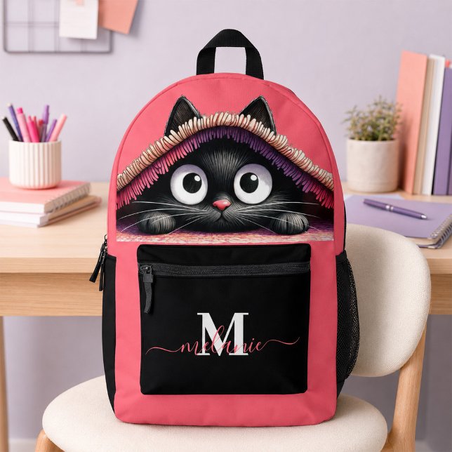 Sac À Dos Imprimé Jovely Cute Kitten Custom Monogramme Nom du script (Lovely Cute Kitten Custom Monogram Script Name Printed Backpack)