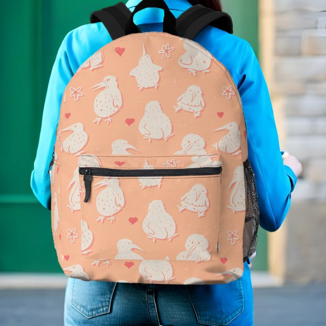 Sac À Dos Imprimé Kawaii Kiwi Boutons d'oiseaux mignonette Pêche amu (Cute peach kiwi backpack with a kawaii doodle pattern of silly birds with fuzzy butts)
