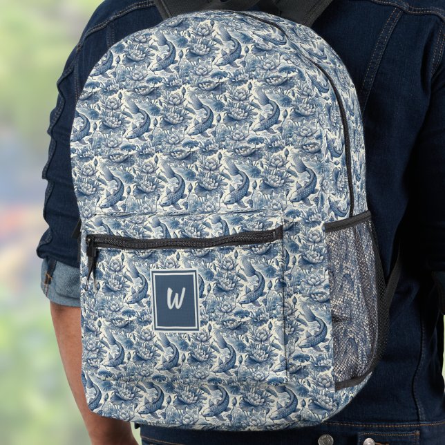 Sac À Dos Imprimé Koi Fish et Nénuphar Bleu Chinoiserie Monogramme (Créateur téléchargé)