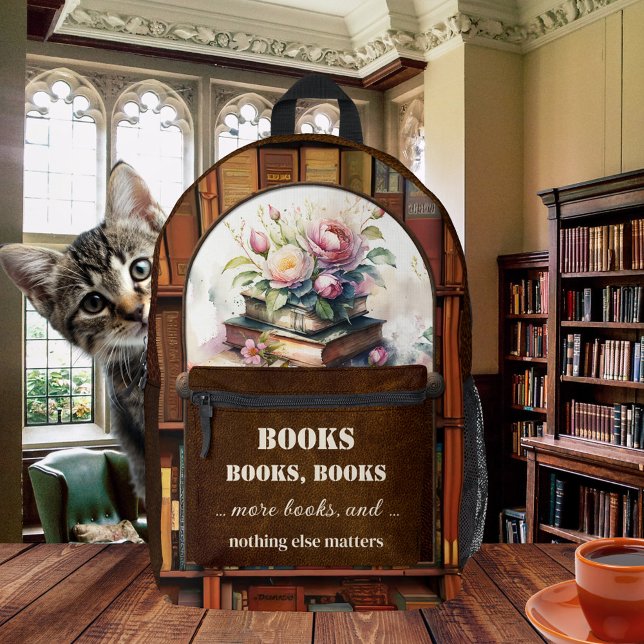Sac À Dos Imprimé Le ver de livre ultime (Backpack featuring vintage watercolor books and flowers on shelves with books with brown leather)