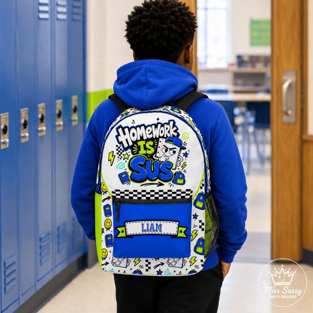 Sac À Dos Imprimé Les devoirs sont Sus Bleu & Vert Drôles Enfants  (Homework Is Sus blue backpack funny cartoon school doodles, neon details, and custom name label)