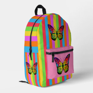 Sac À Dos Imprimé Lignes Colorées Papillon Arc-en-ciel Fond Rose
