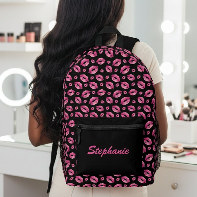Sac À Dos Imprimé Lips Pattern Cute Pink & Black (Lips Pattern Cute Pink & Black Printed Backpack
)