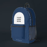 Sac À Dos Imprimé Logo d'entreprise personnalisé et employé de texte<br><div class="desc">Personnalisez facilement ce sac à dos professionnel en ajoutant le logo de votre entreprise et un texte personnalisé. Vous pouvez ajouter nom d'entreprise, slogan, médias sociaux, site Web ou toute information supplémentaire, ou le supprimer. Un design simple et moderne en bleu marine et blanc avec une police sans serif claire,...</div>