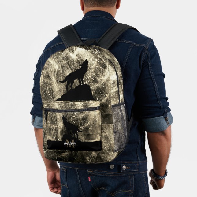 Sac À Dos Imprimé Loup hurlant sépia brun abstrait noir Monogramme (Insitu (Modèle))