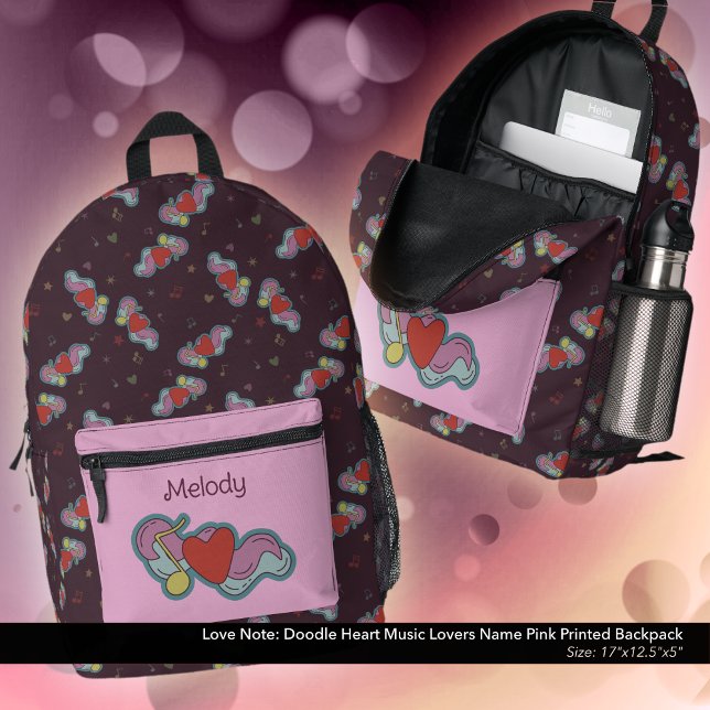 Sac À Dos Imprimé Love Note : Doodle Heart Music Lovers Nom Rose (Love Note Doodle Design Backpack: Personalized with Owner's Name - Pink Accent Color)