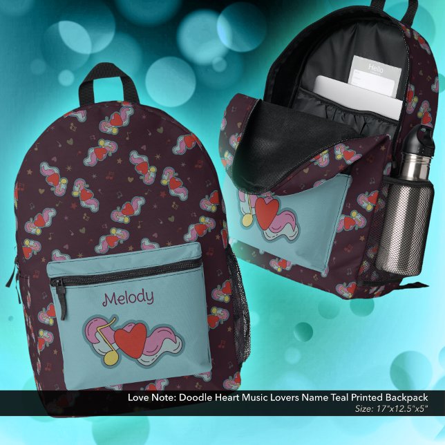 Sac À Dos Imprimé Love Note : Doodle Heart Music Lovers Nom Turquois (Love Note Doodle Design Backpack: Personalized with Owner's Name - Teal Accent Color)