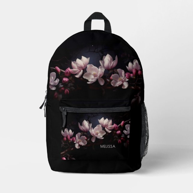 Sac À Dos Imprimé Magnolia 3D Fond Noir (Recto)