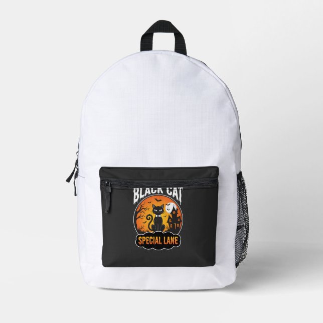 Sac À Dos Imprimé Maison Hantée de Chat Noir Halloween Design Lune (Recto)