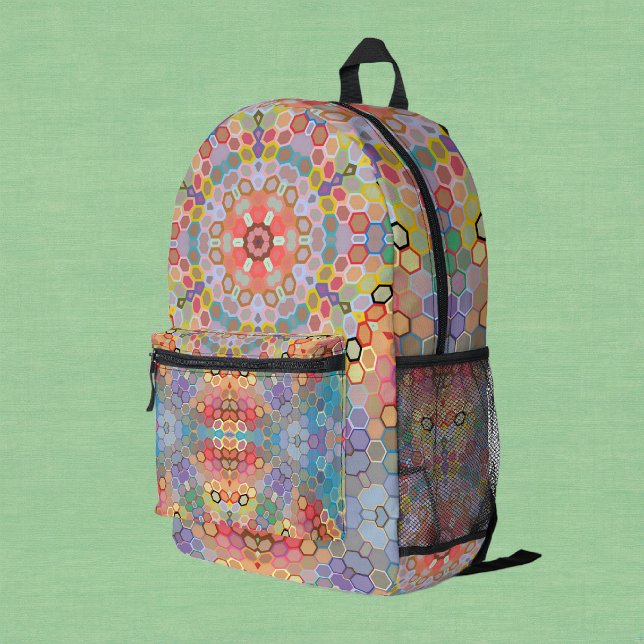 Sac À Dos Imprimé Mandala arc-en-ciel Hex (Rainbow Hexagon Mandala Backpack by Wormhole Orbital)