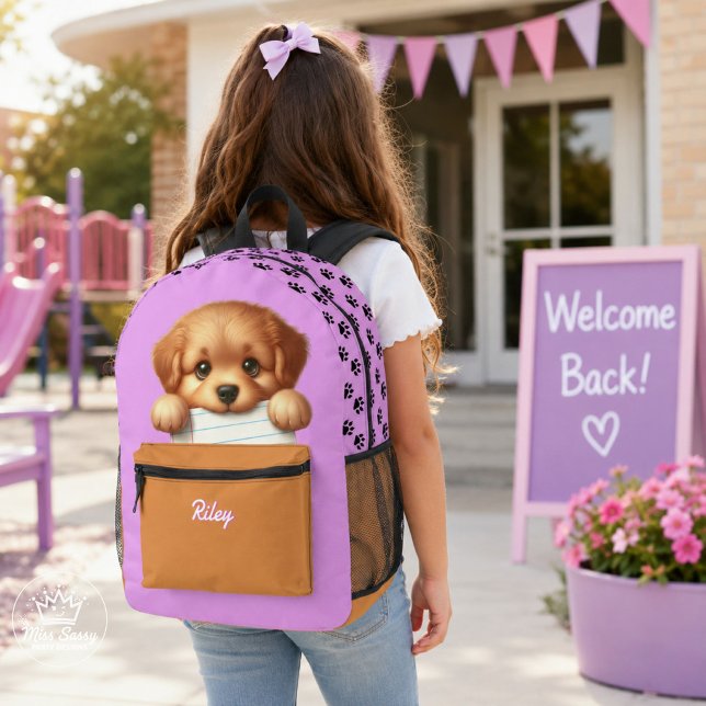 Sac À Dos Imprimé Mangeur De Devoirs Chien Rose (Cute Pink Puppy Backpack with custom name. Dog ate my homework artwork is great for Back to School )
