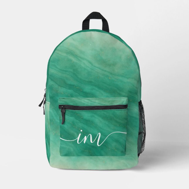 Sac À Dos Imprimé Marbre Abstrait vert avec initiales personnalisées (Recto)