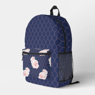 SAC À DOS IMPRIMÉ MARINE BLEU AVEC ROSES DE COULEUR D'EAU ROSE PASTE