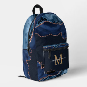 Sac À Dos Imprimé Marine Blue Gold Agate Géode Monogramme Nom du scr