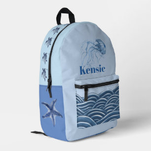 Sac À Dos Imprimé Meduse de mer Tortue de mer Nom personnalisé Vague