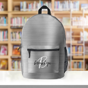 Sac À Dos Imprimé Métal brossé argenté Noir Blanc Script Monogramme