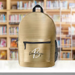 Sac À Dos Imprimé Métal brossé or noir noir noir Monogramme de scrip<br><div class="desc">Ce sac à dos personnalisé est doté d'un monogramme et d'un prénom en écriture moderne en noir et blanc sur un élégant arrière - plan en métal brossé en faux or.</div>