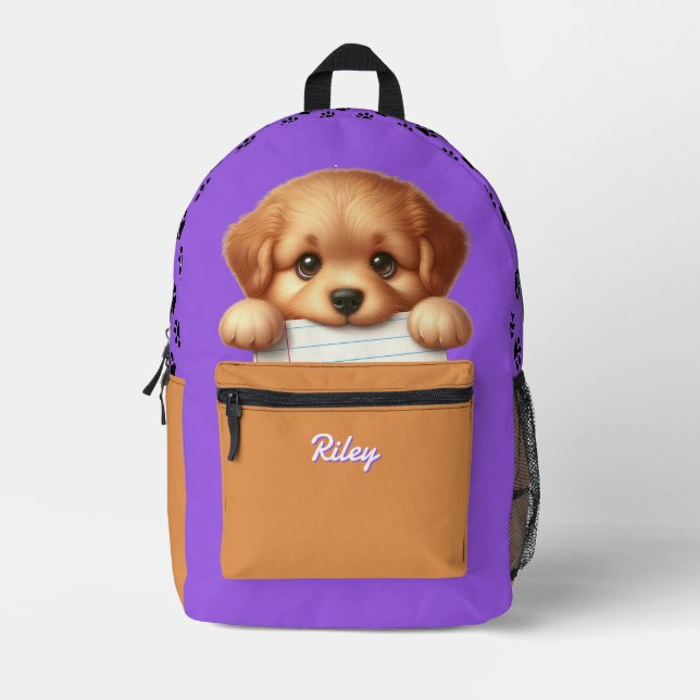 Sac À Dos Imprimé Mignon Chien Mangeur De Devoirs Violet Marron Enfa (Recto)