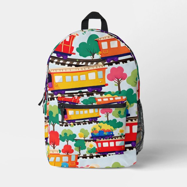 Sac À Dos Imprimé Mignons trains et motif d'arbres bleu (Recto)
