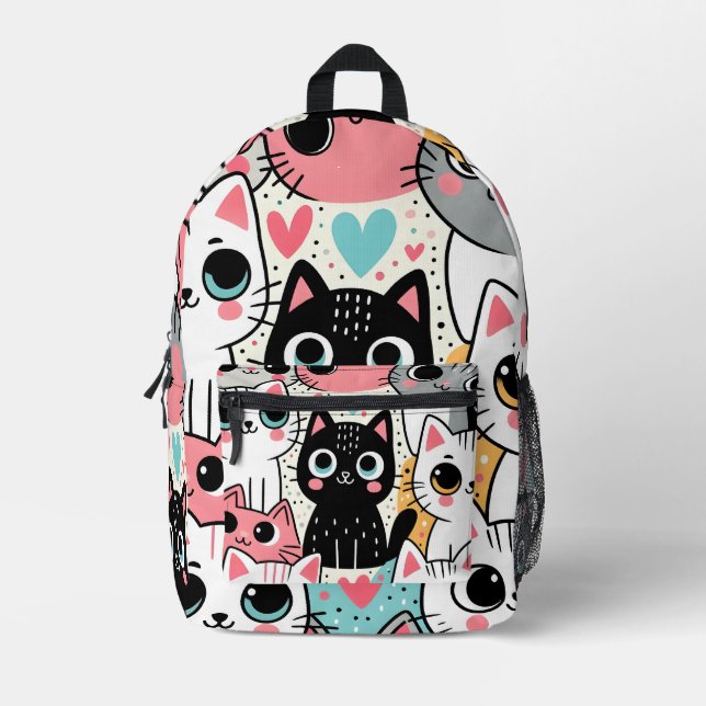 Sac À Dos Imprimé Mignons visages de chat Kawaii et cœurs fantaisist (Recto)