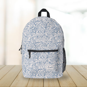 Sac À Dos Imprimé Modèle Floral bleu vintage Nom du script personnal