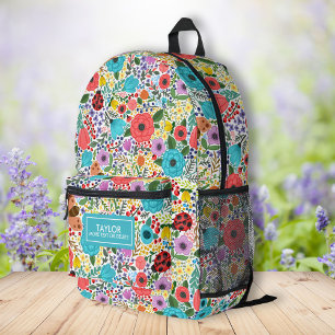 Sac À Dos Imprimé Modèle floral de coccinelle mûre Nom personnalisé 