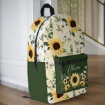 Sac À Dos Imprimé Modèle floral de tournesol chic Nom du script pers<br><div class="desc">Elégant sac à dos motif de tournesol écossais chic. Le design présente notre design de motif de tournesol peint à la main avec un design élégant d'horloge de tournesol et un script de nom personnalisé sur la poche avant. Conception et illustrations par Moodthology Papery.</div>