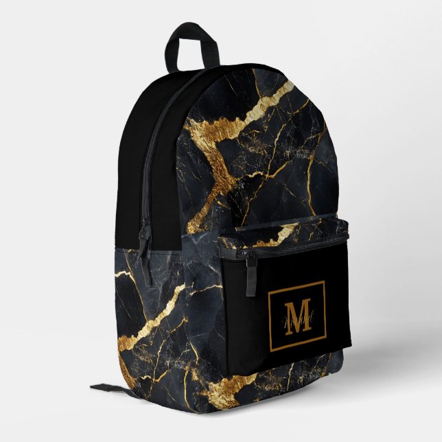 Sac À Dos Imprimé Modern Black & Gold Monogram Name  (Coin arrière gauche)
