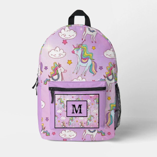 Sac À Dos Imprimé Modern Cute Unicorn and Rainbow Purple Monogram (Recto)