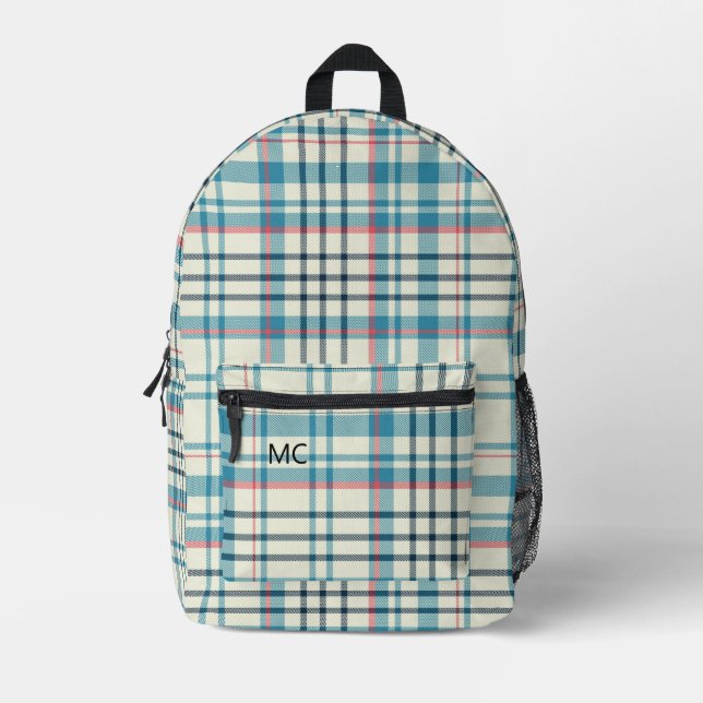 Sac À Dos Imprimé Moderne Cute Bleu Vérifier Plaid Monogramme Initia (Recto)