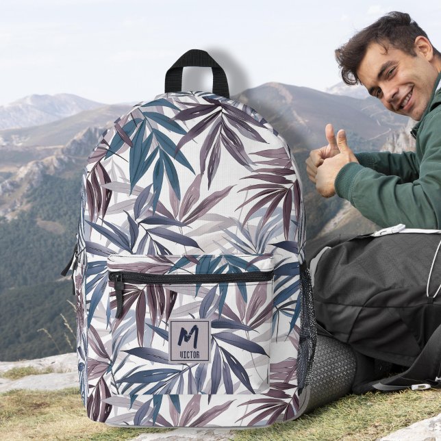 Sac À Dos Imprimé Moderne Feuille Tropicale Gris Bleu Bleu Conceptio (Modern tropical leaf grey blue name custom design printed backpacks, travel backpack, back to school)
