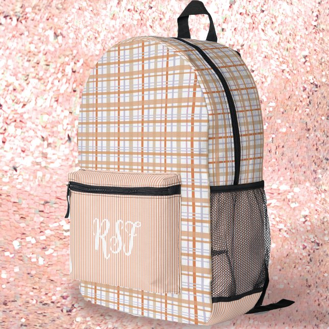 Sac À Dos Imprimé Moderne Preppy Orange Plaid et rayures Girly (Créateur téléchargé)