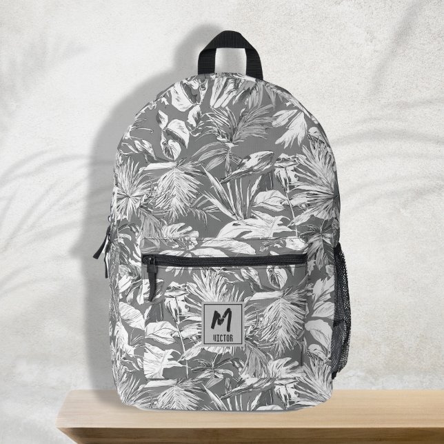 Sac À Dos Imprimé Moderne Tropical Leaf Grey Blanc Monogramme Design (modern trendy tropical leaf grey white name custom design printed backpack, back to school, travel)