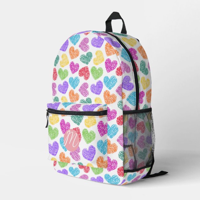 Sac À Dos Imprimé Moderne Vibrant Rainbow Doodle Hearts Monogramme (Coin arrière droit)