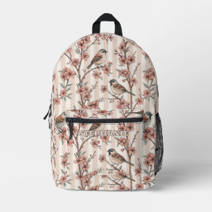 Sac À Dos Imprimé Moineau Asiatique Fleur de Cerisier Rayures Pêche