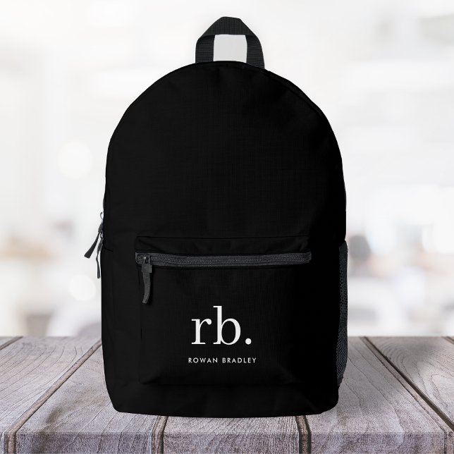Sac À Dos Imprimé Monogram Classic Elegant Minimum Black and White (Sleek black modern monogram custom backpacks.)