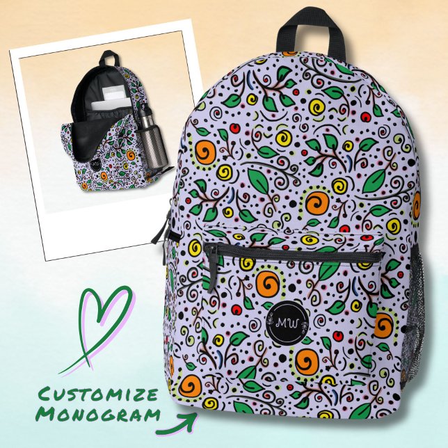Sac À Dos Imprimé Monogram Flower Pattern orange Swirl Berry Lilac (Créateur téléchargé)
