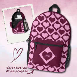 Sac À Dos Imprimé Monogram Heart Checkerboard Pattern Bordeaux Pink