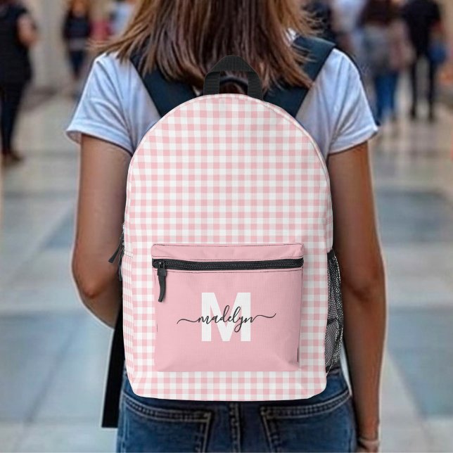 Sac À Dos Imprimé Monogramme à carreaux gingham rose (Pink Gingham Plaid Monogram Printed Backpack )