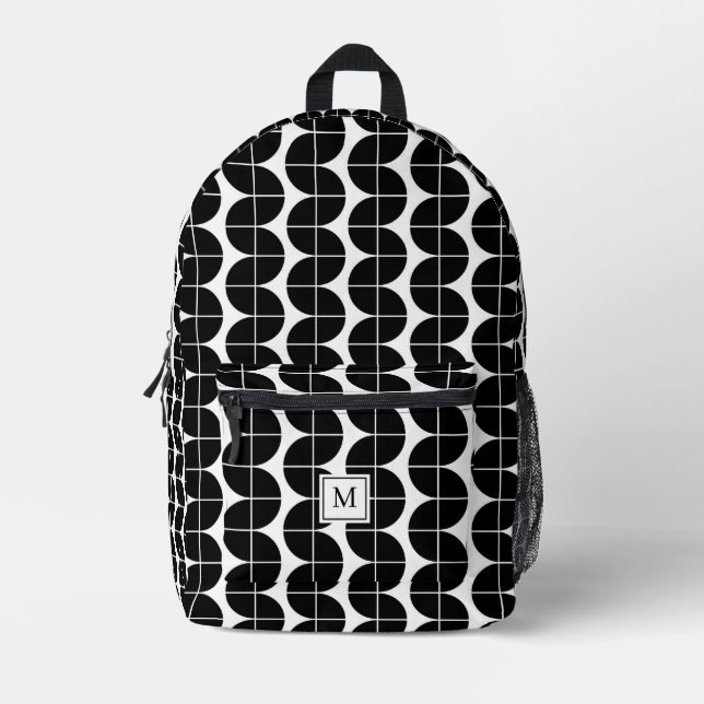 Sac À Dos Imprimé Monogramme Abstrait Moderne Noir et Blanc du Milie (Recto)