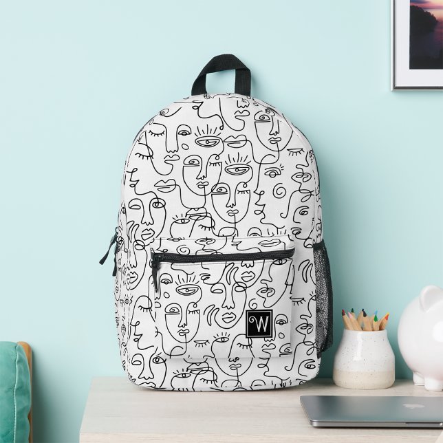 Sac À Dos Imprimé Monogramme Abstrait  noir blanc (Modern abstract black and white face line monogram printed backpack, back to school, birthday gift)