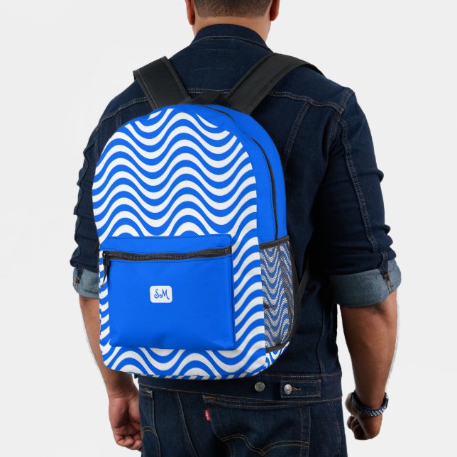 Sac À Dos Imprimé Monogramme Bleu Blanc Vagues Tirures Psychédélique (Insitu (Modèle))
