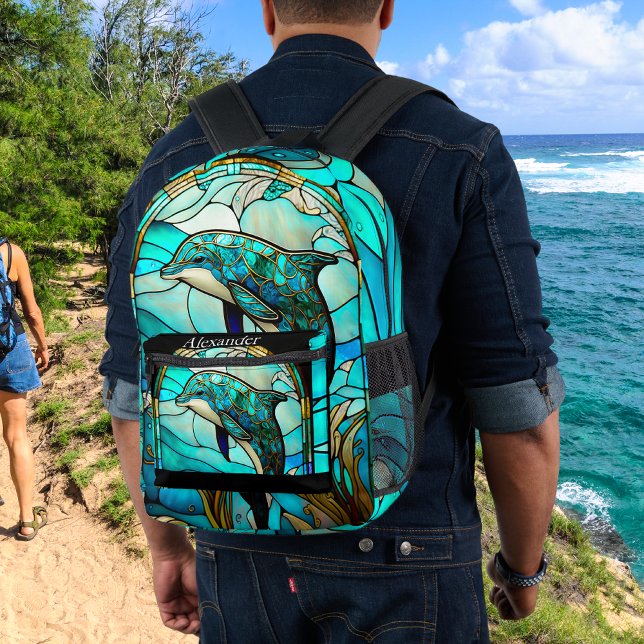Sac À Dos Imprimé Monogramme Bleu Turquoise Dauphin Stain Verre (Créateur téléchargé)
