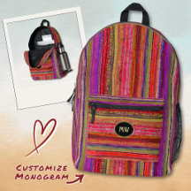 Monogrammé Bohème Vintage Rouge Violet Rayures -