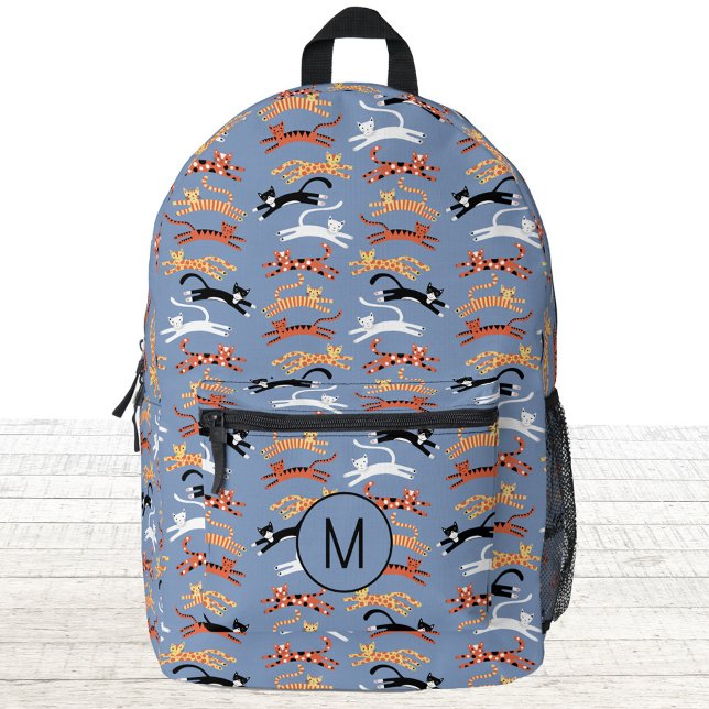 Sac À Dos Imprimé Monogramme Chat Kitty Initial Personnalisé (Fun kitty cat blue personalized monogram initial backpack)