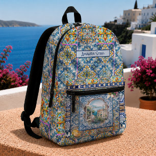 Sac À Dos Imprimé Monogramme Citron Carrelage Floral Bleu Italien Ét