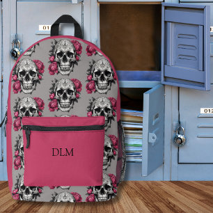 Sac À Dos Imprimé Monogramme de crâne gothique et de pivoines roses