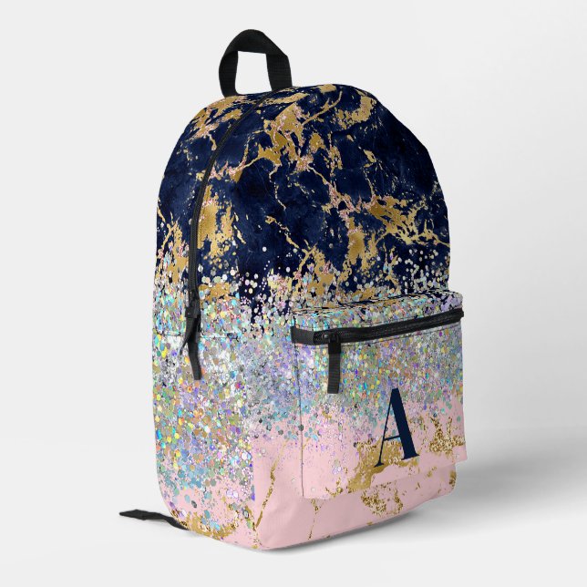 Sac À Dos Imprimé Monogramme de fille en marbre et paillettes (Coin arrière gauche)
