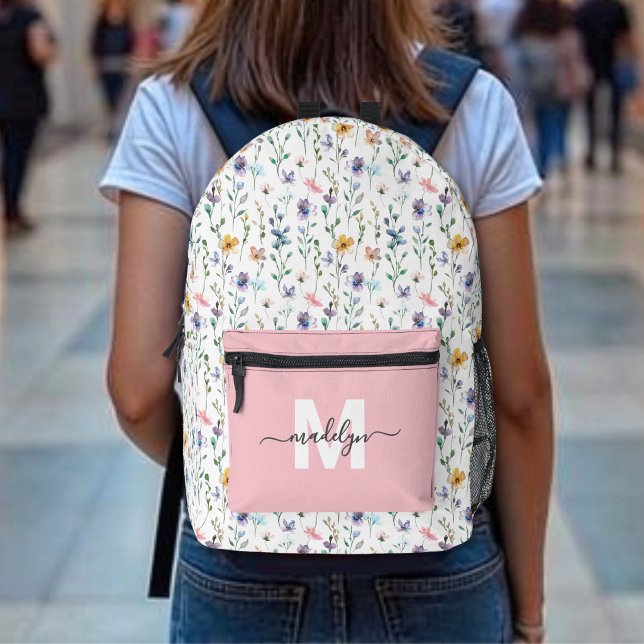 Sac À Dos Imprimé Monogramme de fleur sauvage élégante (Elegant Wildflower Monogram Printed Backpack)
