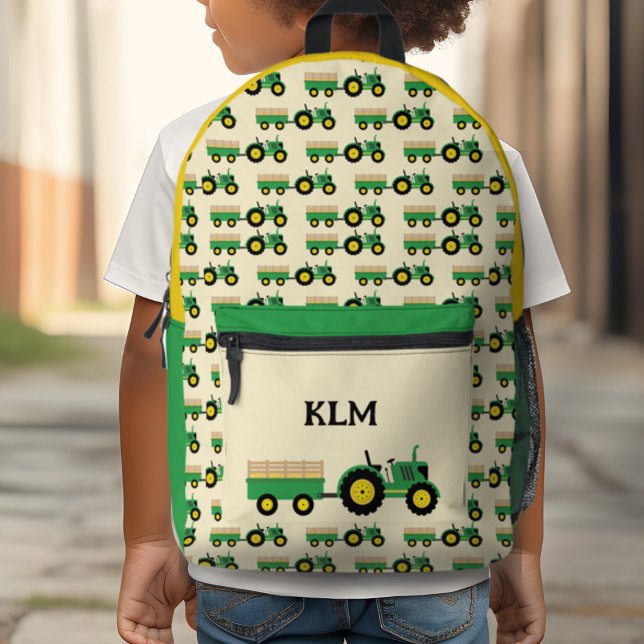 Sac À Dos Imprimé Monogramme de la ferme de tracteurs verts et jaune (Créateur téléchargé)